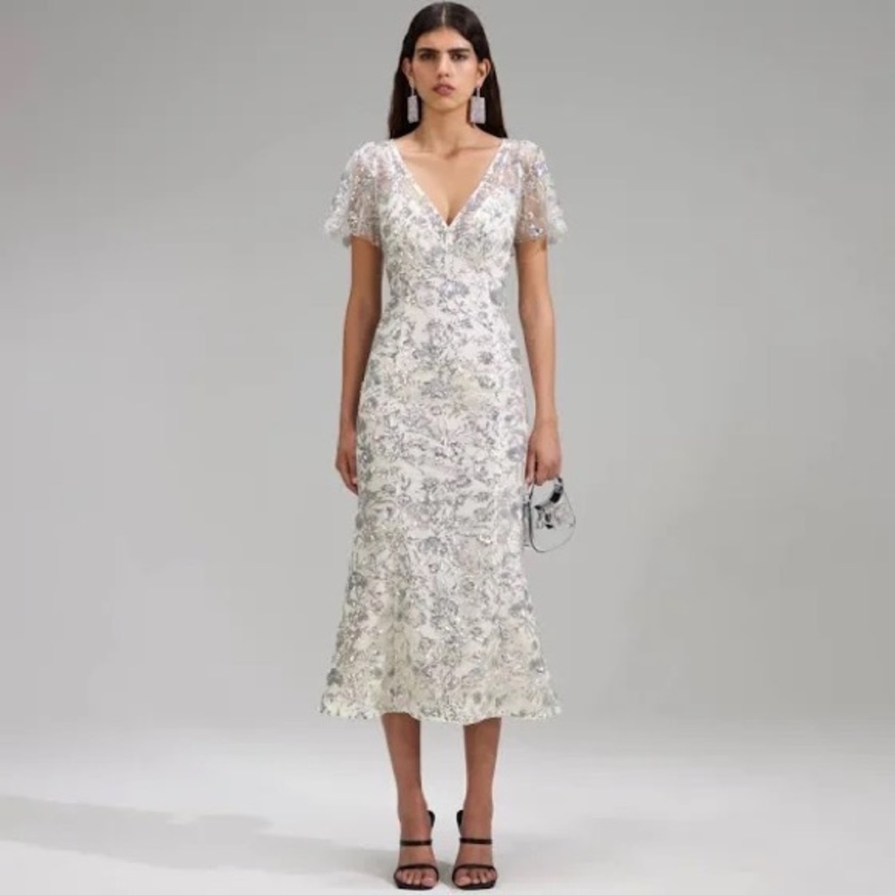 NWOT Self-Portrait Champagne Sequined Midi Dress—Size US 4/UK 8